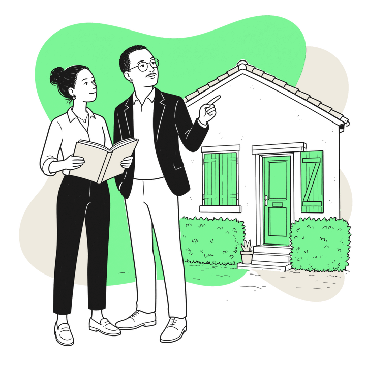 Elle et Lui devant leur maison, la liasse du dossier à la main, au feutre